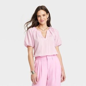 A New Day Women’s Elbow Sleeve V Neck Top Pink Size S